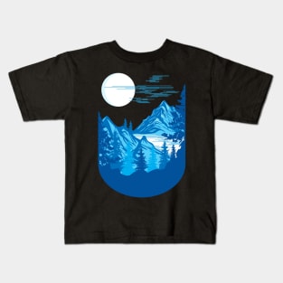 nature mountains design in blue Kids T-Shirt